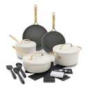 GreenPan GP5 14 Piece Cookware Pots and Pans Set, Hard Anodized Healthy Ceramic Nonstick PFAS-Free, Champagne Handles, Heavy Gauge, Stay-Flat Surface, Induction, Dishwasher and Oven Safe, Cream