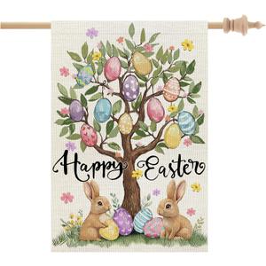 CROWNED BEAUTY Easter House Flag Egg Tree Bunny 28x40 Inch Double Sided Large Holiday Welcome Decoration for Outside Yard