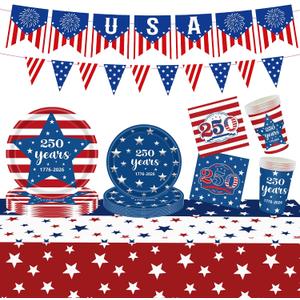 4th of July Party Supplies, American 250th Anniversary Patriotic Party Kit for Independence Day, Memorial Day, Plates, Napkins, Cups, Banner for 4th of July Decorations (American)