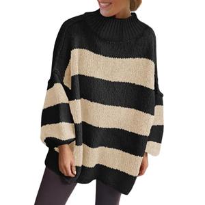 Saodimallsu Womens Oversized Striped Sweater Mock Neck Chunky Knit Lantern Long Sleeve Fall Trendy Tunic Sweaters Top Black L