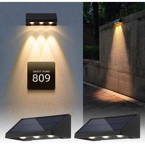 Solar Wall Lights Outdoor, 3 LED Lenses Fence Lights Solar Powered Outdoor Waterproof Warm White, Dusk to Dawn Exterior House Number Lighting for Porch, Patio, Balcony, Deck, Address Sign (2 Pack)