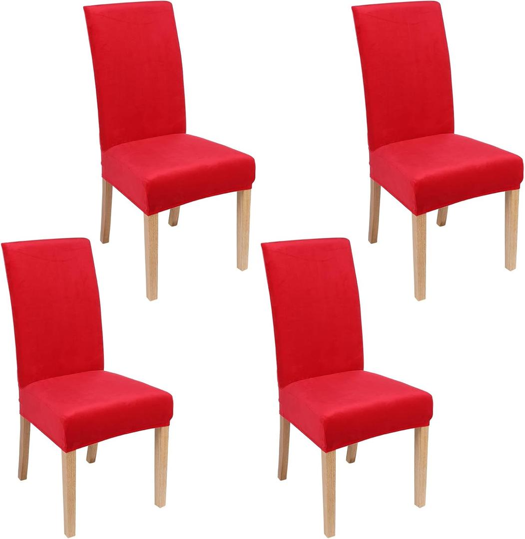 Smiry Velvet Stretch Dining Room Chair Covers Set of 4, Soft Removable Washable Chair Slipcovers Kitchen Parsons Chair Protector, Red
