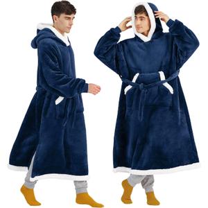 Bedsure Wearable Blanket Hoodie, Long Hooded Blanket Sweatshirt as Fathers Day Birthday Gifts for Dad, Cozy Sherpa Hoodie for Adult, Oversize, Navy