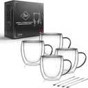 LIBWYS 4 Pack 250ml Double Walled Glass Coffee Mugs with 4 Spoons, Cappuccino Latte Tea Cups with Handle, Heat Resistant Drinking Glasses