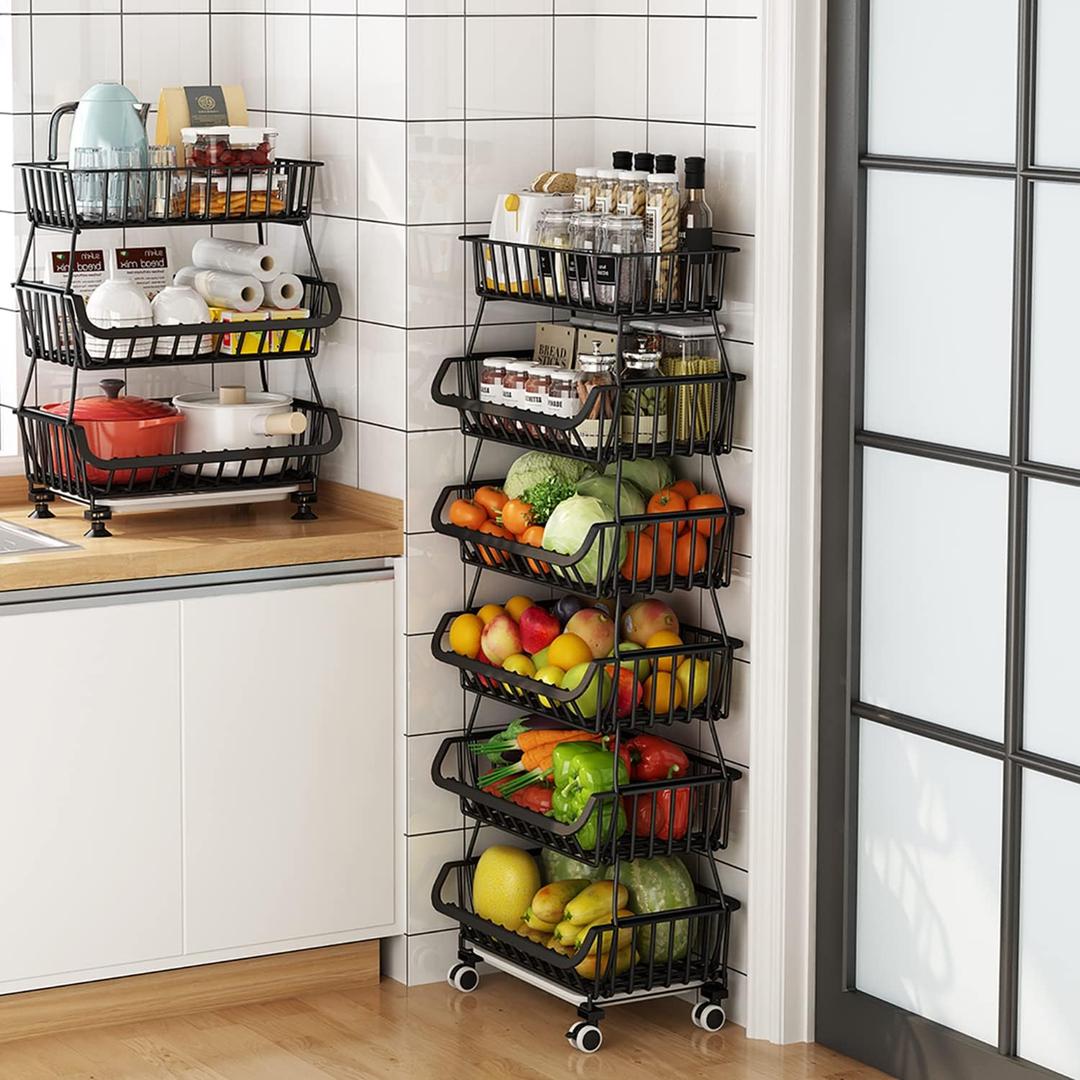 Fruit Vegetable Storage Basket with Wheels Kitchen Rack 6-Tier Stackable Floor-Standing Movable Organizer Household Snack Shelf for Living Room Dressers Stand