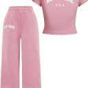 RoseSeek Girl's 2 Piece Summer Outfits Letter Graphic Tees and Wide Leg Baggy Pants Set Casual Cute Clothes (Pink)