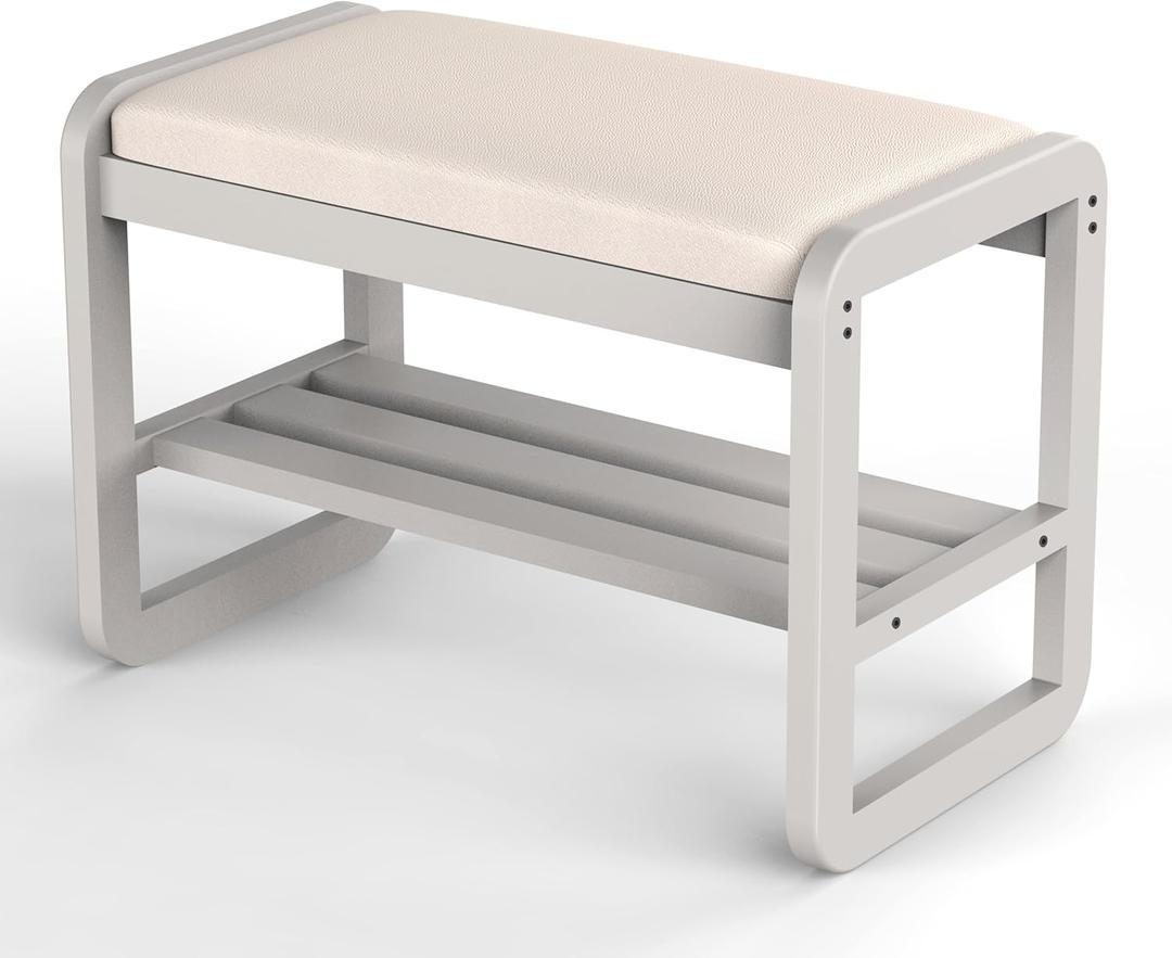 Solid Wood Shoe Rack, 2 Tier Shoe Storage Bench with Cushion Seat, 6 Pair Shoe Organizer for Entryway, Small, White, 24 Inch