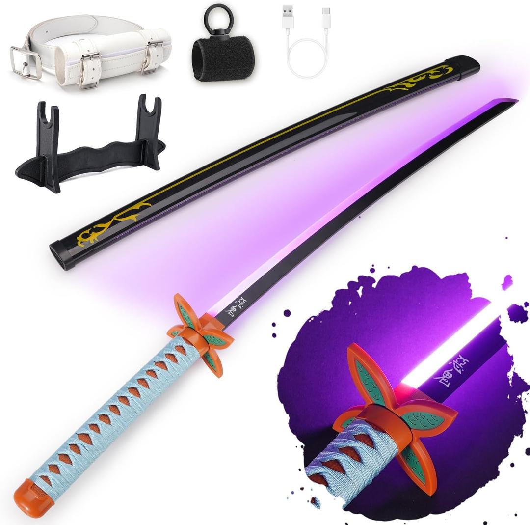 RENGENG Light Up Sword, 40 Inches Rechargeable Plastic Replica with Belt & Stand, Sword with Original Texture