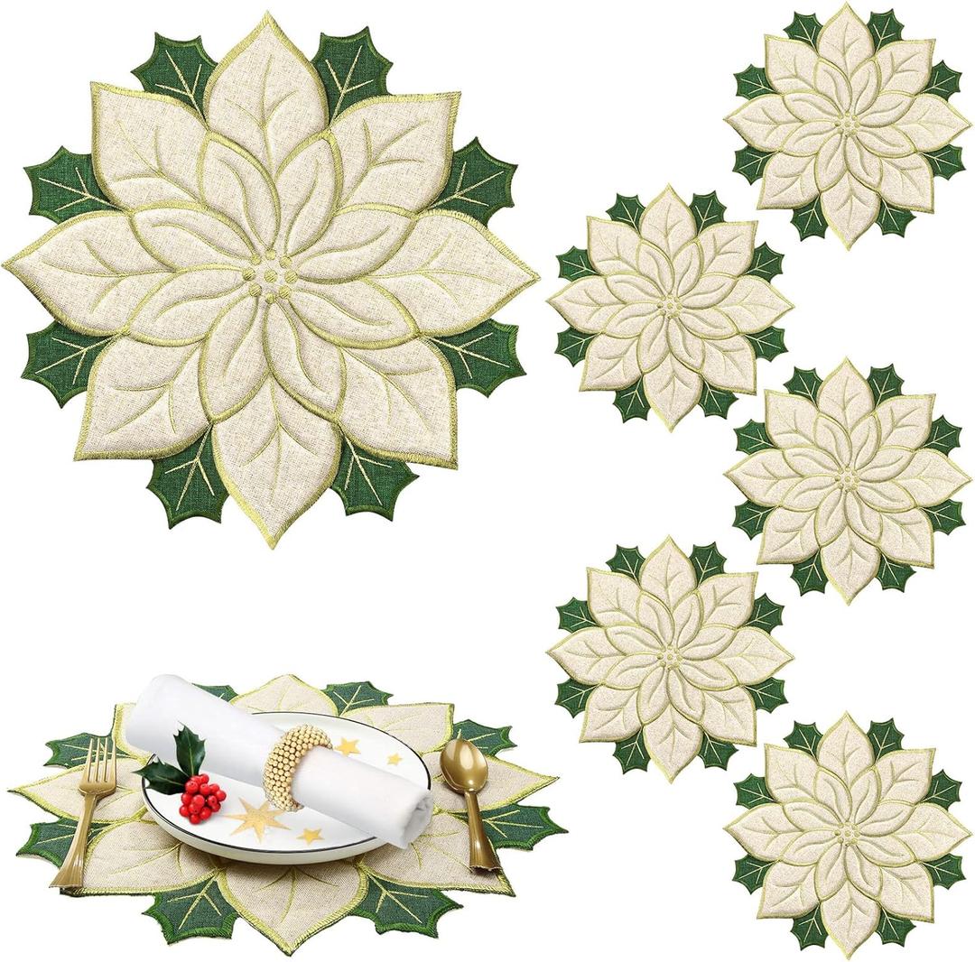 6 Pcs Holiday Christmas Embroidered Placemats Double Layer Applique Poinsettia Christmas Flower Placemat for Dining Holiday Table Decoration (Elegant Style, 14 x 14 Inch)