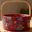 Ceramic Fruit Berry Basket with Detachable Wooden Handle Candy Dish Christmas Decorations Ornaments Decorative Bowl Home Kitchen & Dining Table Office Decor(Red)