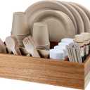 Acacia Wood Utensil Holder for Party, Paper Plate Organizer Silverware Caddy with 6 Compartments for Plate, Cup, Fork, Spoon, Cutlery Holder Countertop for Kitchen Camping Buffet