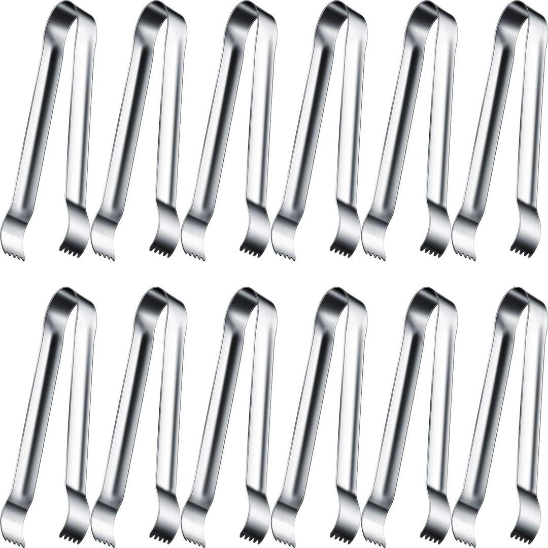 Gejoy 12 Pieces Sugar Ice Tongs Stainless Steel Mini Serving Appetizers Small Kitchen Tongs for Tea Party Coffee Bar Kitchen (Silver Curved Tip)