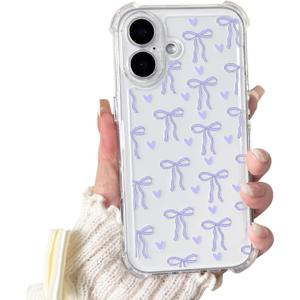 Lovmooful Compatible for iPhone 17 Case Clear Cute Bowknot Heart with Four Corners Shockproof Design for Girls Women Soft TPU More Protective Girly for iPhone 17 Case-Purple Bow