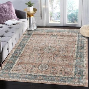 Poeti Washable Rug, Ultra Thin 8x10 Area Rugs - Non Slip Carpet - Large Area Rugs for Living Room Bedroom Rug - Vintage Floral Rug, Salmon/Pink