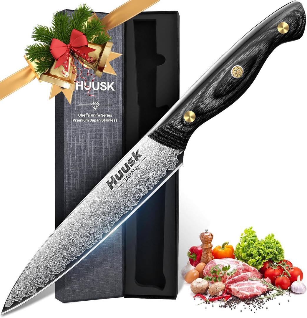 Huusk Damascus Kitchen Utility Knife, Japanes VG10 Small Chef Knife 5 inch with Ergonomic Wooden Handle, Versatile Knife for Vegetable Fruit Meat,Birthday Dad Mom Gift