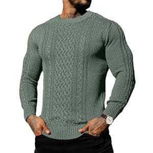 Askdeer Men's Fisherman Cable Crewneck Sweater Winter Casual Sweater Chunky Knitted Pullover Sweaters with Ribbing Edge Green, 2XL