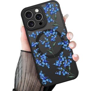 Magnetic for iPhone 16 Pro Max Case Blue Flowers | [Compatible with MagSafe] Cute Aesthetic Summer Blue Flowers Design for Women Girls Translucent Shockproof Cover