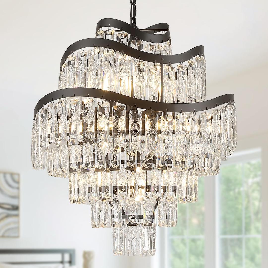 7-Tier 12 Lights Black Crystal Chandelier 20" Modern K9 Crystal Pendant Chandelier Light Fixture Luxury for Living Room Dining Room Bedroom Kitchen Foyer Entryway, E12