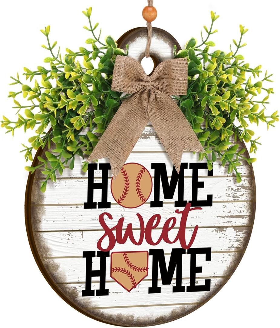 Home Sweet Home Baseball Decor Baseball Wreaths for Front Door Wooden Sport Door Sign with Bow and Leaves Welcome Hanging Hanger for Farmhouse Porch Indoor Outdoor Decorations