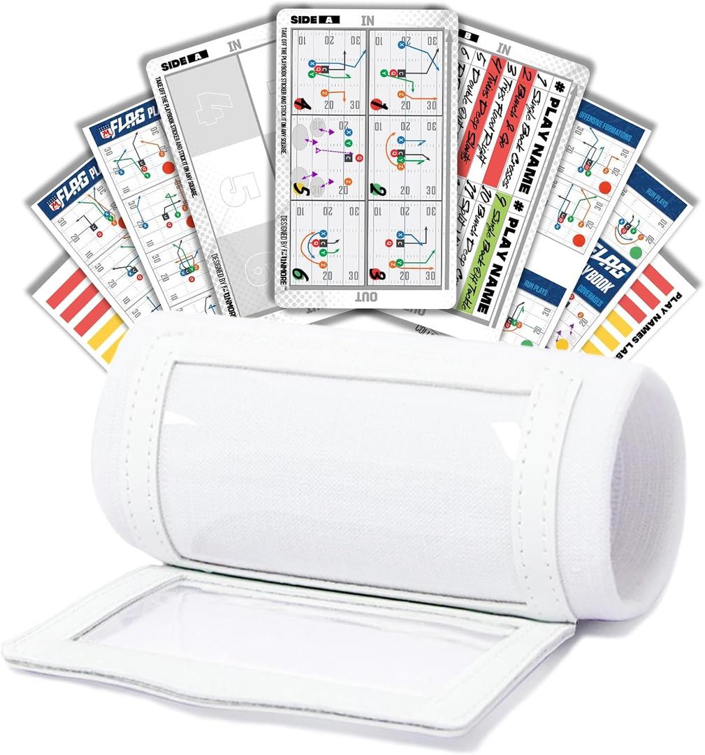 1NMORE Football Wristbands with Playbook System,Wrist Coach for Youth,5on5 Flag Football Wrist Bands with 43 Plays Stickers & 3 PVC Cards (White)