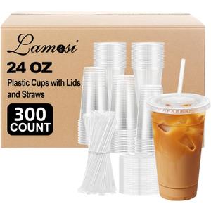 Lamosi 300 Pack 24 oz Plastic Coffee Cups with Lids, Disposable Clear Cups