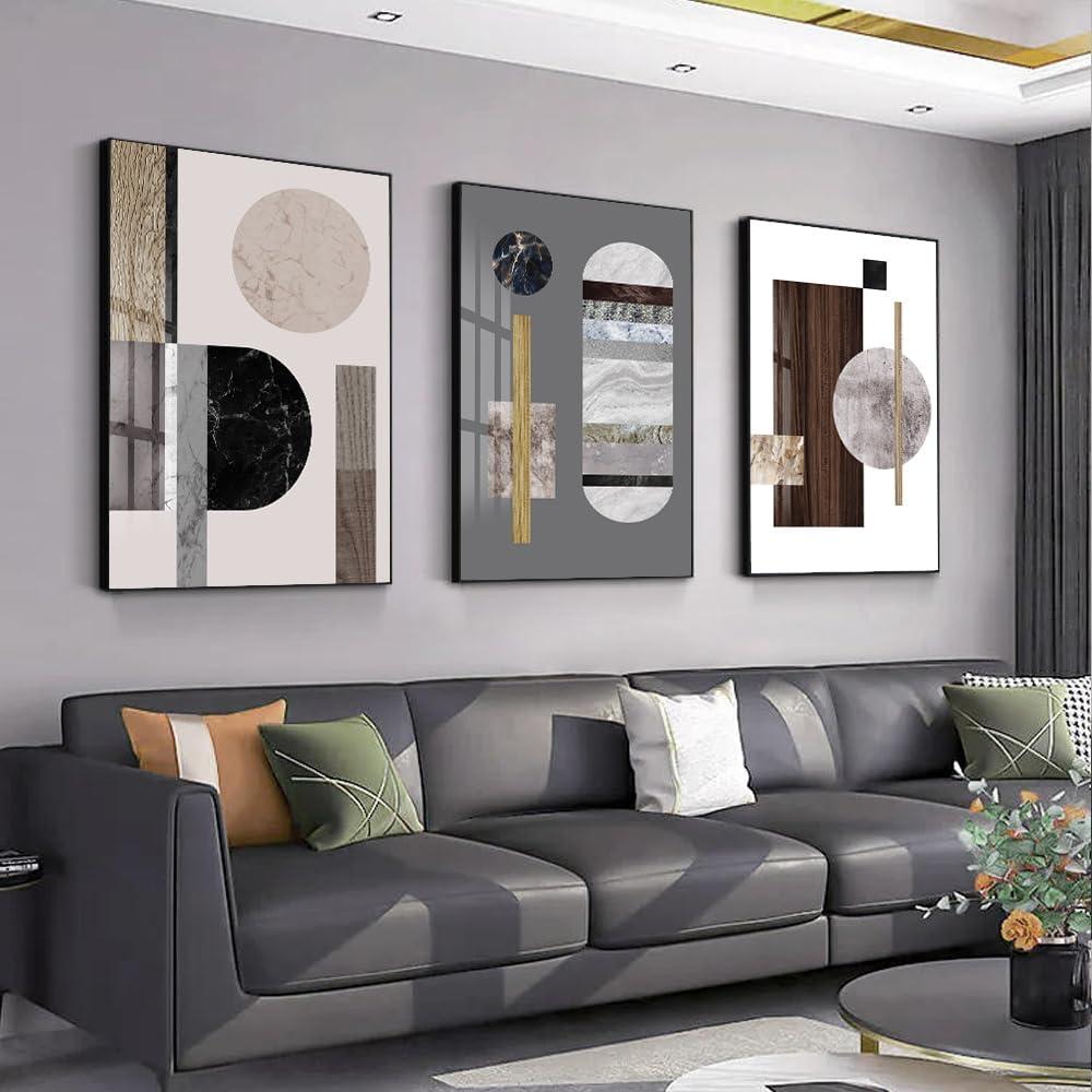 QKF Bright Extra Large Framed Canvas Wall Art For Living Room Wall Decor Home Modern Abstract Prints Large wall pictures geometric round square Wood Grain Brown, 24" X 32" X 3 pieces