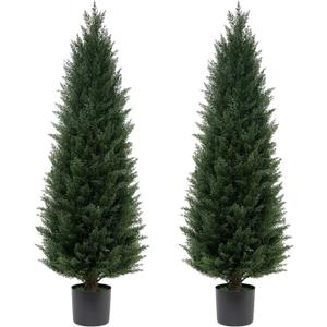 4FT Artificial Cedar Topiary Trees UV Resistant Potted Plant Set of 2 Faux Pine Trees Fake Shrubs Artificial Plants for Front Porch Garden Indoor Outdoor (Green)