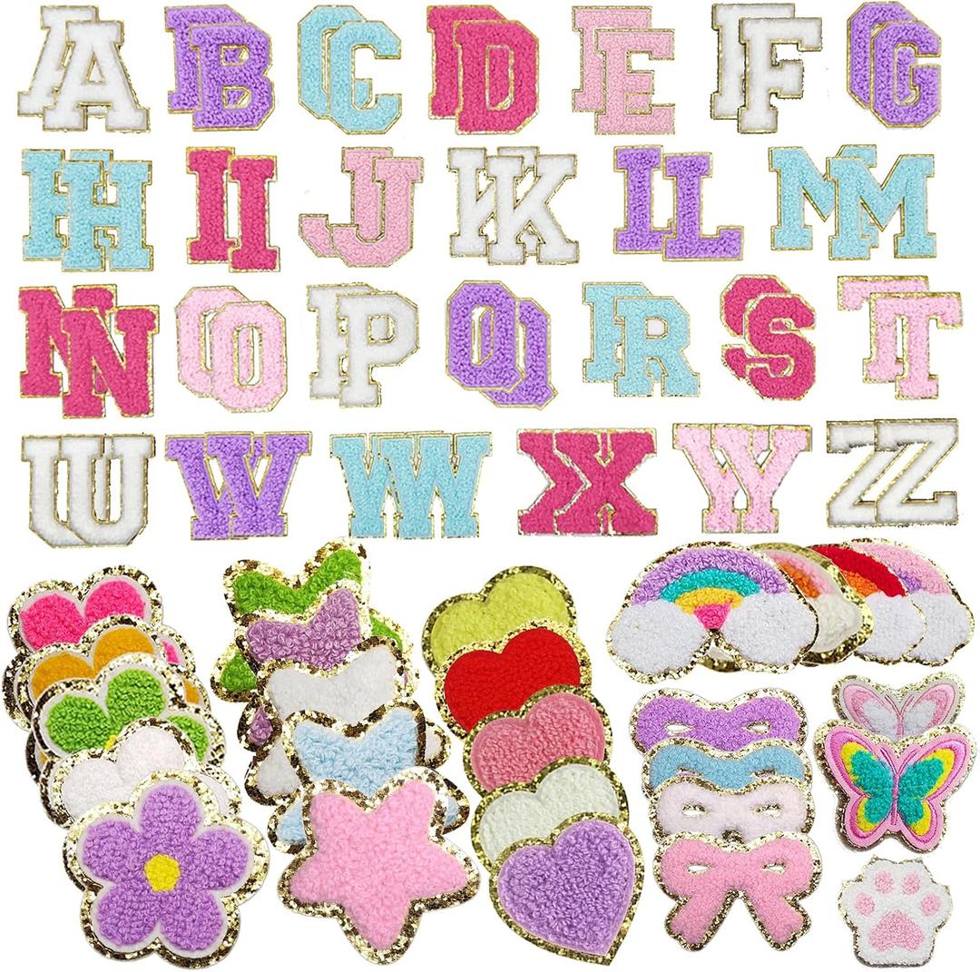 78 PCS Stick On Patches for Backpack Clothing, Self-Adhesive Colorful Chenille Decorative Sticker Patches with Sequin Edges in Assorted Designs, Heart Butterfly Flower Rainbow Star Letters