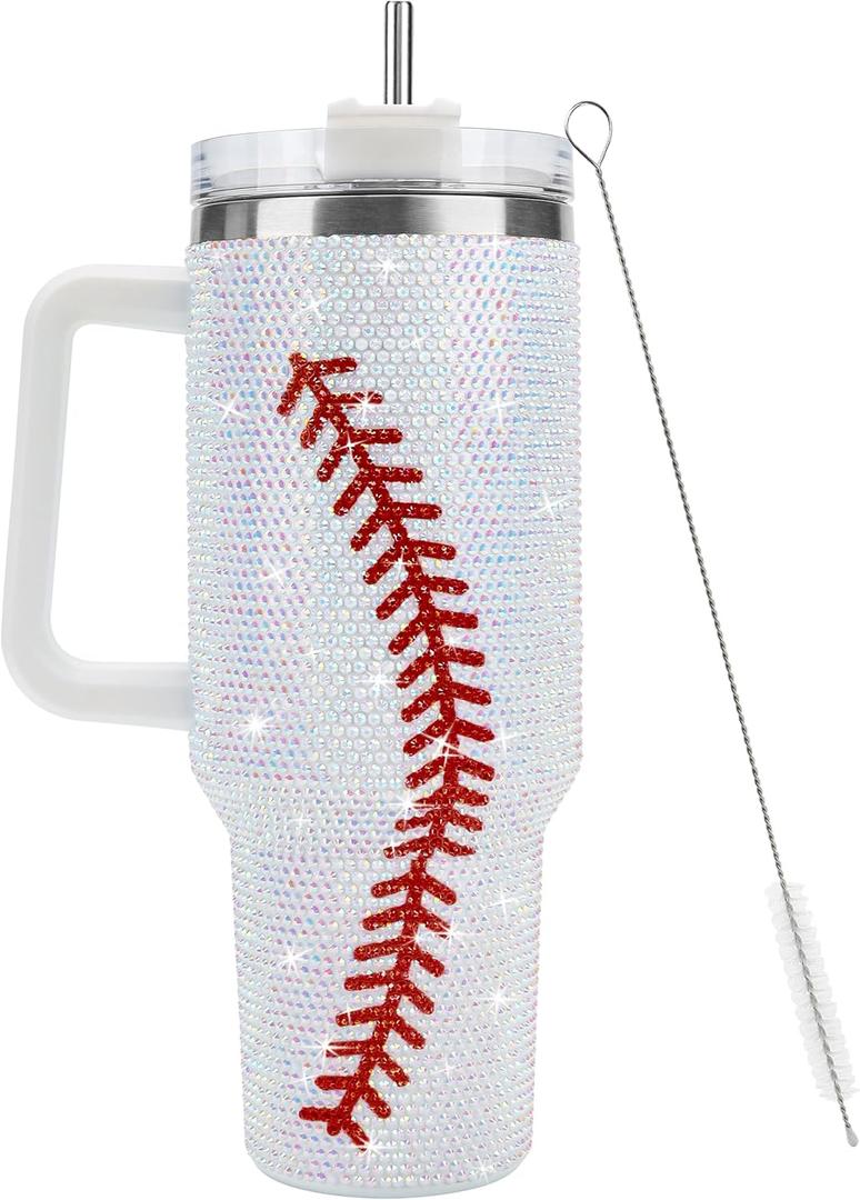 Joyclub 40 Oz Baseball Tumbler with Handle and Straw Rhinestone Bling Double Wall Vacuum Insulated Cup Travel Mug Baseball Gifts for Women's Day Easter Mother's Day Birthday