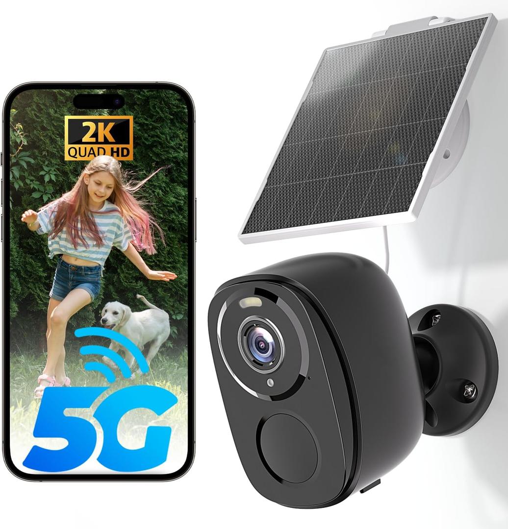 5G/2.4G Solar Security Cameras Wireless Outdoor, 2K Battery Camera w/Solar Panel,Siren Alarm,Color Night Vision, 2Way Talk,Waterproof, Works/Alexa,No Monthly Fee,Wifi Camera for Outdoor Surveillance