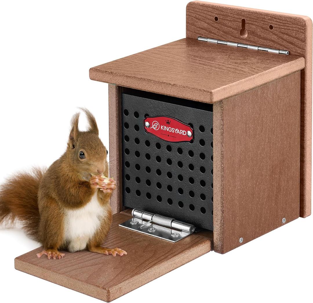 Kingsyard Squirrel Feeder Box for Outside, Recycled Plastic Squirrel Feeder with Removable Metal Front Panel & Perch, Easy to Fill & Clean, Weather-Proof Roof (Brown)