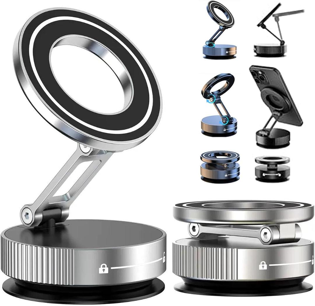 360 Magnetic Suction Phone Mount - The Ultimate Hands-Free Holder, Vacuum Suction Magnetic Bracket, Portable Pocket Foldable Adjustable Cell Phone Holders for 16 15 14 13 12 Phone (Jt89 Silver)