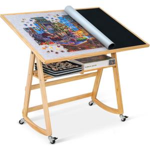 LAVIEVERT 1500 Piece Tilting Puzzle Table with Legs & Cover Mat, Adjustable Jigsaw Puzzle Board Easel with Storage, Portable Wooden Table with 4 Wheels for Adults, Great Assistant for Mom & Elderly