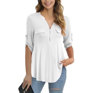 a.Jesdani Women's Plus Size Tops 3/4 Roll Sleeve V Neck Blouses Tunic Top (M)