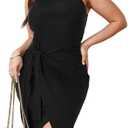SCOMCHIC Women Plus Size Casual Sleeveless Striped Tank Midi Dress Halter Neck Bodycon Tie Waist T Shirt Summer Dresses, Medium, Black
