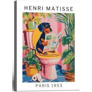 Framed Funny Dog Bathroom Canvas Wall Art Henri Matisse Bathroom Wall Art Toilet Picture Colorful Dopamine Vintage Pet Decor For Bathroom 12x16 Inch Ready To Hang