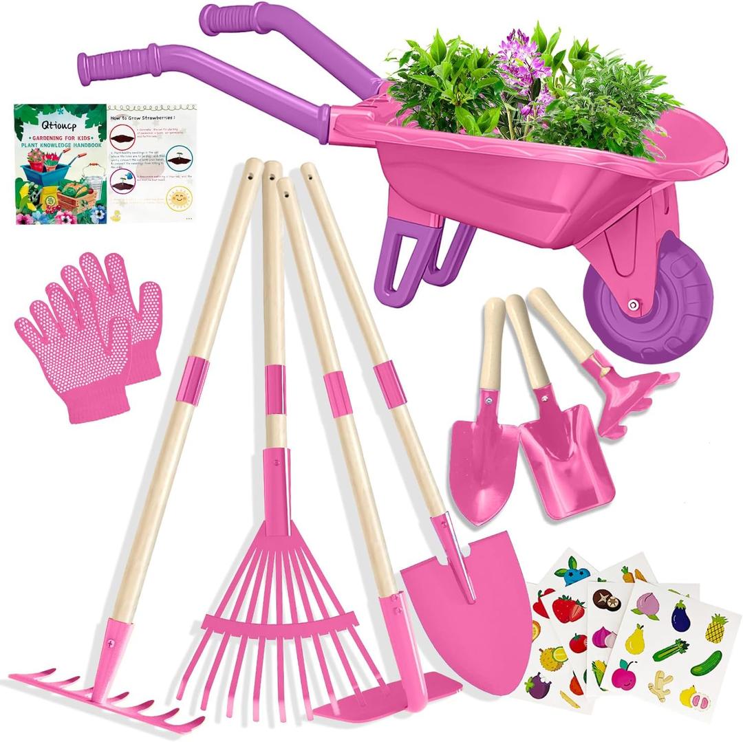 Qtioucp Kids Gardening Tools Outdoor Toys Set Backyard Play with Wheelbarrow Educational STEM Learning Pretend Toys Outdoor Indoor for Toddlers Kids Boys Girls (Rose Red)