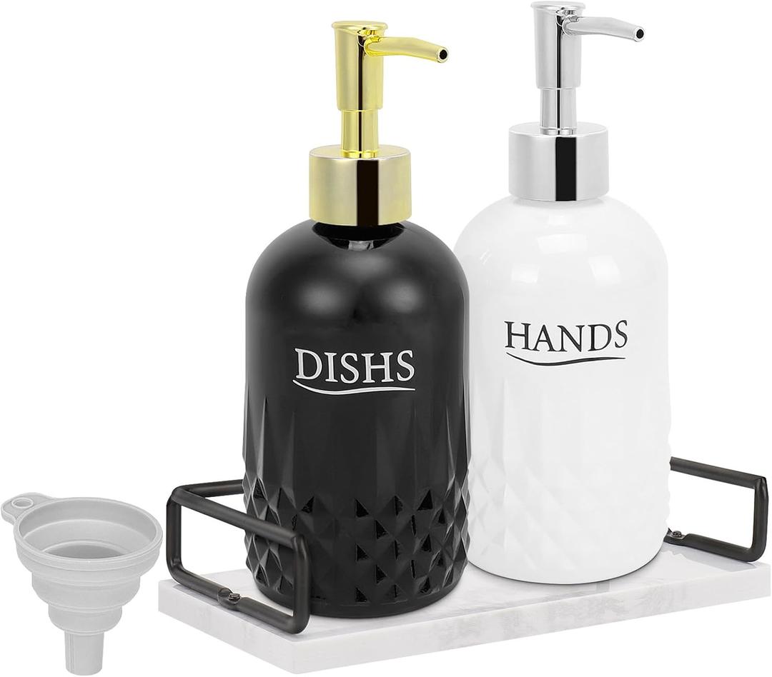 HarJue Glass Soap Dispenser Set, Refillable Dish Soap Pump Dispenser, Kitchen Bathroom Counter Shampoo Conditioner Dispenser (with Marble Tray)