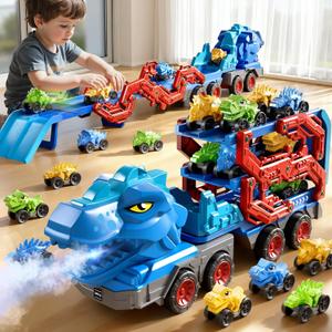 PEADUCK Toddler Car Truck Toys for Kids Ages 3-5, 10-in-1 Dinosaur Carrier Truck with Foldable Track Toys with Spray, Light & Sounds and 9 Dino Cars, Birthday Gift for 3 4 5 6 7 8 Years Old Boys Girls
