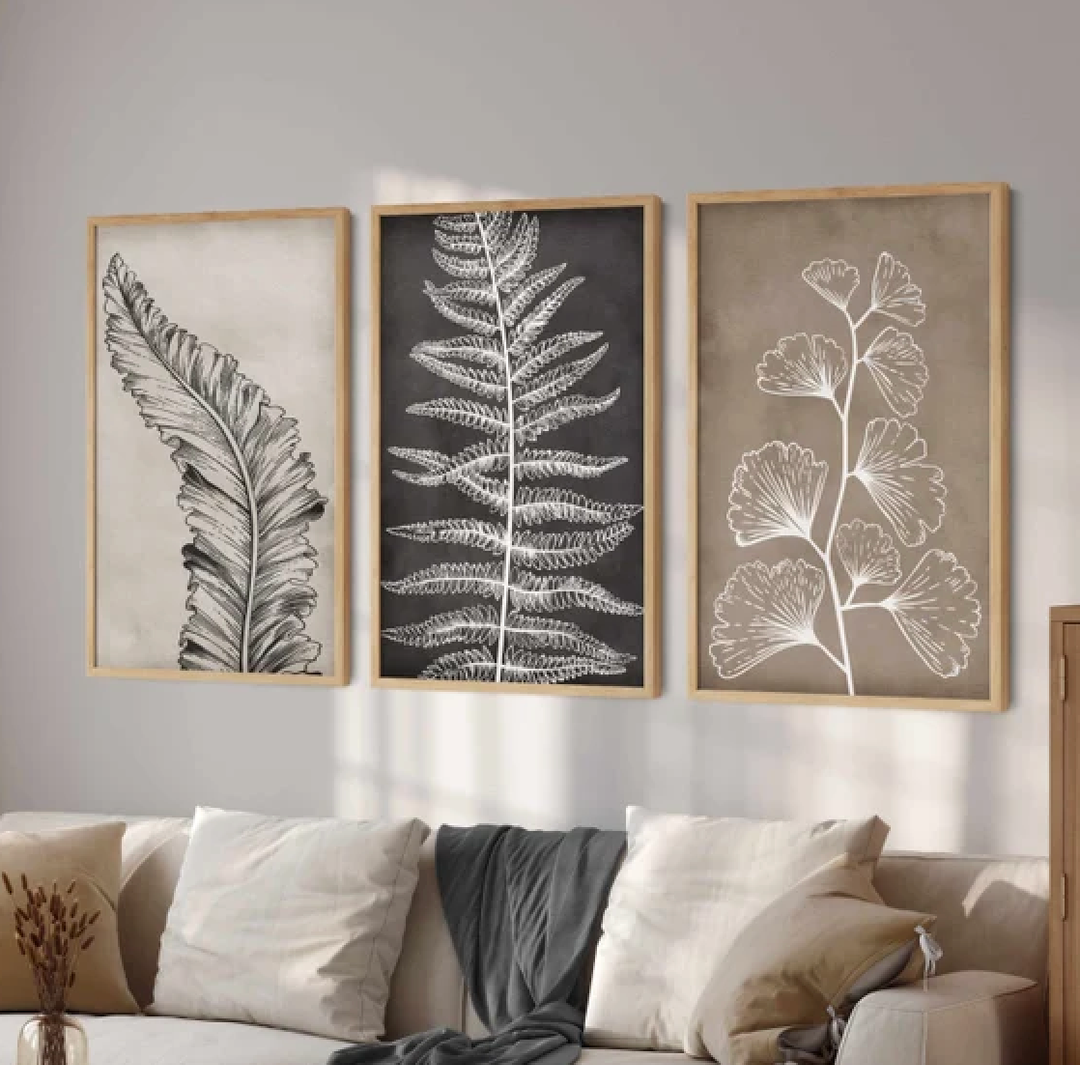 Neutral Botanical Wall Art Gallery Wall Set, 3 Piece Wall Decor Minimalist Wall Art, Ferns Print Set of 3, Printable Wall Art Digital Art