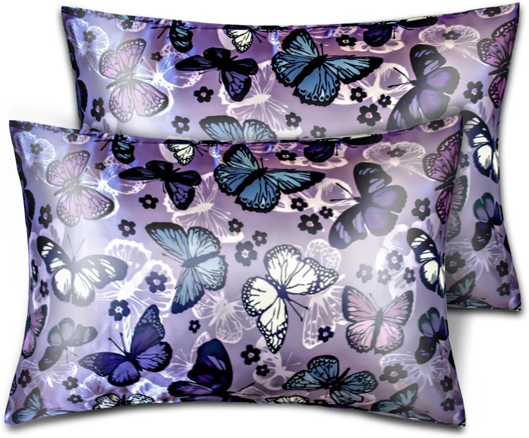 Silk Satin Pillowcase for Hair and Skin Soft Satin Pillow Cases Standard Size Pack of 2, Wrinkle, Fade-Resistant with Envelope Closure (20x26, Purple, Butterflies & Flower)