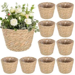 10 PCS Seagrass Plant Baskets with Plastic Liners, Woven Planter Basket Set for Indoor and Outdoor Plants, Wicker Flower Pot Covers Plant Container sand Storage Baskets for Home and Farmhouse Decor