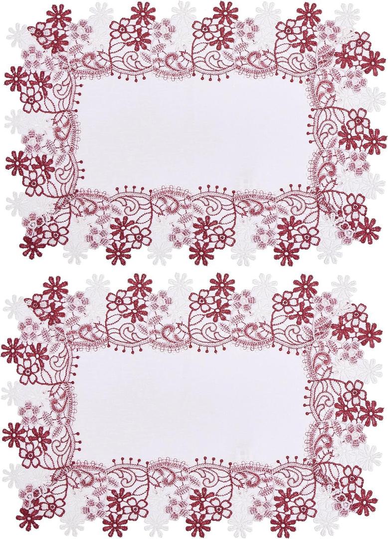 White Dark Red Floral Lace Jacquard Placemats Set of 2 Table Topper Dresser Scarf Place Mats (Dark Red, 14"x20" Set of 2)