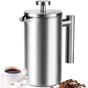 French Press 34 oz, Full Stainless Steel French Press Coffee Maker 4 Cups, Upgrated DoubleWalled Insulated French Coffee Presses, Food Grade Good for Kitchen Camping, Dishwasher Safe 2 More Filters