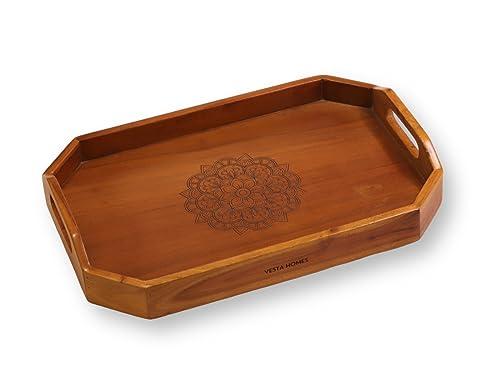Vesta Homes Extra Large Wooden Serving Tray for Home, Kitchen, Breakfast, Restaurant, Office Organizer, Dining Table | Premium Acacia Wood |18 * 12 * 3 Inches | Handcrafted in India