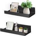 2 x Muzilife 12" Small Floating Wall Ledge Shelves with Lip - Set of 2 Wood Floating Shelves - Black Wall Mounted Picture Ledge for Office, Bathroom, Bedroom, Living Room, Kitchen