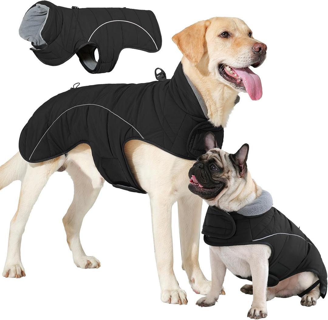 LIANZIMAU Dog Winter Coat with D Ring Leash Built in Waterproof Windproof Reflective Warm Winter Jacket Adjustable Tail Insulated Apparel for Dogs (XXX-Large, Black)