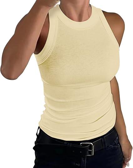 Women Sleeveless Tank Tops Summer Basic Casual Shirt Slim Knit Ribbed Racerback Blouses,L