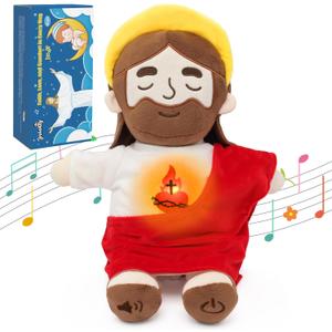 Soothing Jesus Plush Toys with Light & Sound, 15" Jesus Stuffed Breathing Plushy Doll, Christian Catholic Religious Plushie Christmas Easter Gifts for Kids Baby (Red)