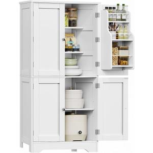 TEENFON 51" H Pantry Cabinet with 4 Doors, Kitchen Cabinet with 6 Door Shelves, Storage Cabinet for Living Room, Dining Room, Bathroom, White, 11.8"D x 23.6"W x 51.2"H